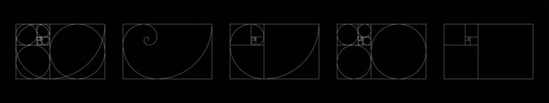 Fibonacci horizontal numbers array set of 5 elements on black background. Template of golden ratio harmony proportions. Golden ratio Fibonacci for design.