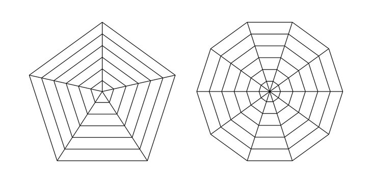 Diagram for statistic, analytics. Blank radar chart, ten and five equal parts. Spider, radar diagram. Decagon and pentagon graphs templates. Spider mesh. Flat grid 10 and 5 segments. Coaching tool.