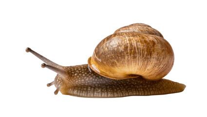 Isolated close-up of a common garden snail crawling in profile, showcasing its intricate shell. © Diego