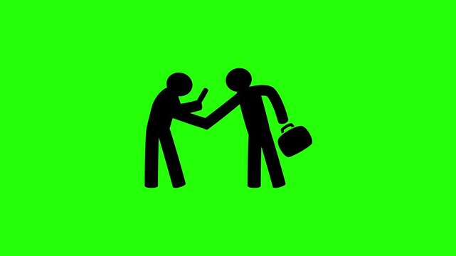High quality 4K video showing stick figures businessmen shaking hands while one checks smartphone silhouette bouncing. Tactical phubbing gesture icon asset.