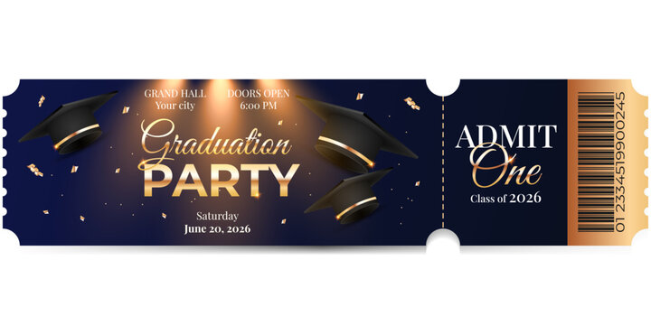Elegant graduation event ticket template blue with graduation caps, gold details and admit one pass
