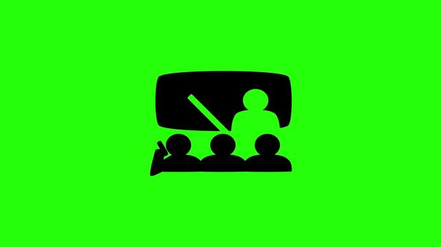 Beautiful 4K motion asset containing a lecture classroom meeting silhouette with stick figures student using smartphone bouncing. Clean education habit graphic.
