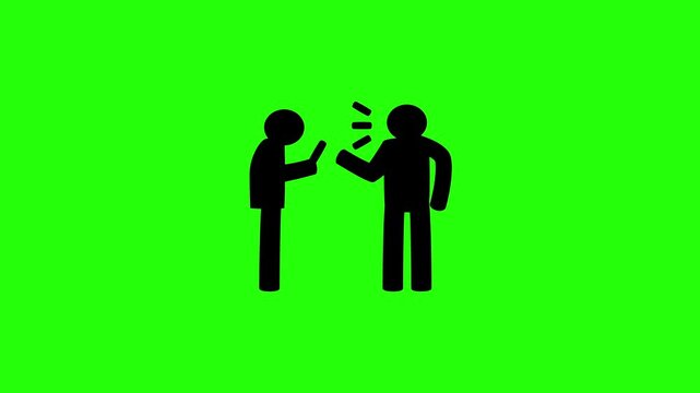 4K resolution video of stick figures talker talking to a distracted phone user person silhouette bouncing into view. Clean concept icon for modern phubbing.