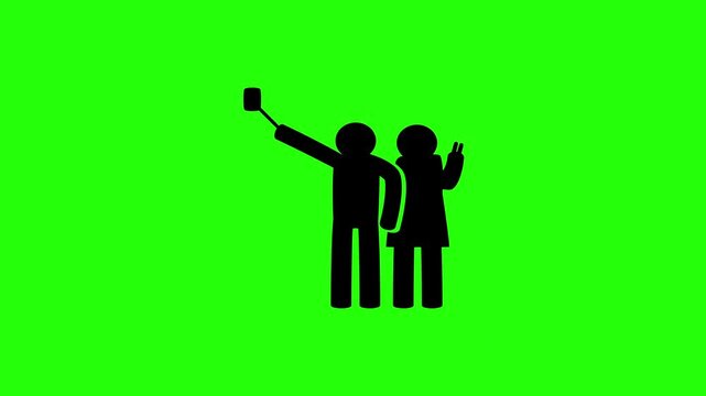 High definition 4K clip of a stick figures tourist couple taking photo portrait with a monopod selfie stick silhouette bouncing cleanly. Great travel app icon.