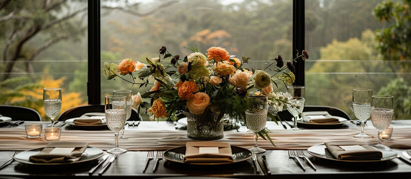 Elegant floral centerpiece on a table with view.