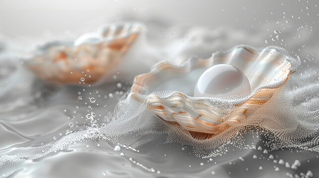 Elegant pearl within scallop shells, floating on water.
