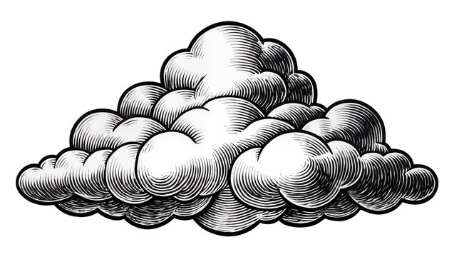 Isolated retro cumulus cloud drawing with old-fashioned engraving style and shading