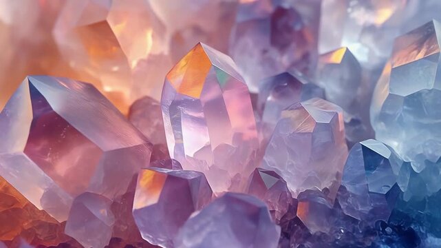 Macro close up of beautiful natural amethyst crystal cluster with soft purple and orange light.