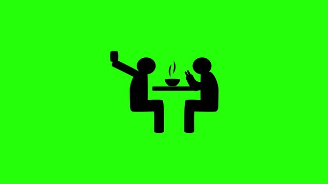 Premium 4K motion graphic of two stick figures friends taking selfie while dining at a restaurant table silhouette bouncing. Clean layout asset for eating blog.