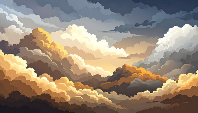 Dramatic pixel art sky with warm golden sunlight illuminating textured clouds and dark stormy elements, atmospheric weather, background