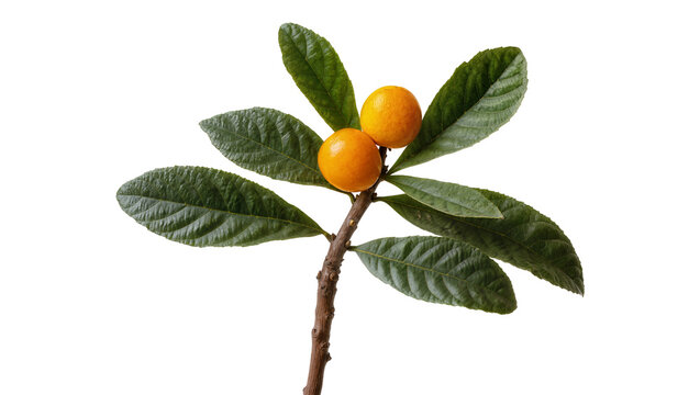 Isolated loquat fruits on a branch with lush green leaves, healthy natural sweet food