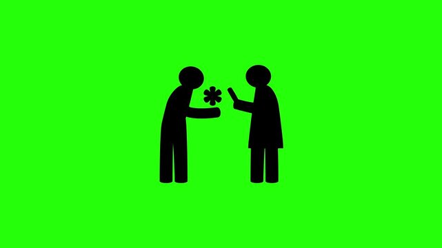 4K horizontal layout featuring a stick figures man gifting a flower while the woman photographs it with smartphone silhouette bouncing. Modern romance concept.
