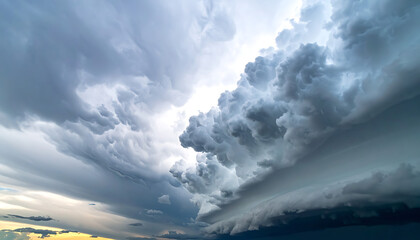 Fototapeta na wymiar Dramatic storm clouds forming a supercell, dark ominous sky with heavy rain, atmospheric weather phenomena, natural disaster.