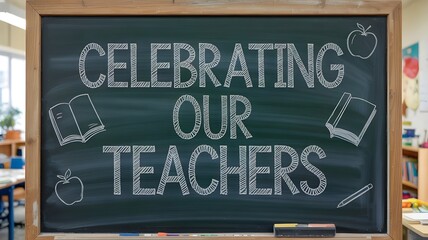 Fototapeta premium Chalkboard with the text celebrating our teachers written in chalk, surrounded by school supply drawings like books, apples, and a pencil in a classroom setting