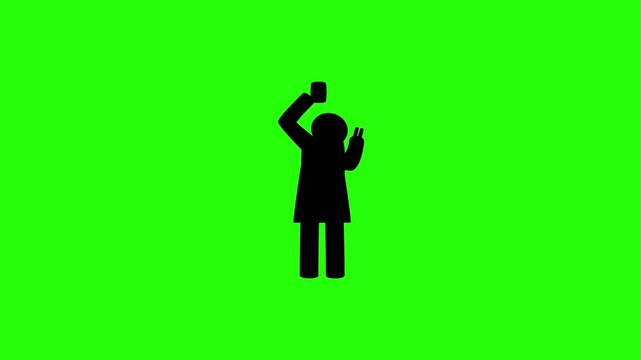 Clean 4K horizontal video showing a stick figures girl posing with a V victory peace sign while taking a smartphone selfie bouncing. High quality social lifestyle icon.