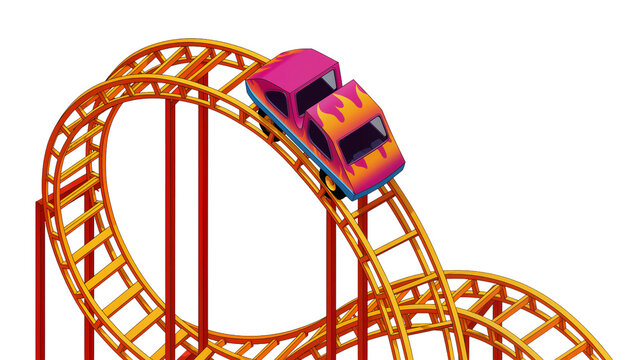 Isolated colorful cartoon style rollercoaster with vibrant cars for amusement park fun and thrill