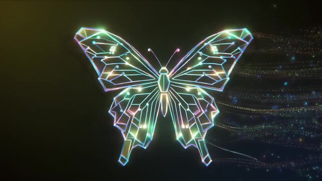 Abstract digital butterfly illustration with glowing geometric lines and light particles on dark background.
