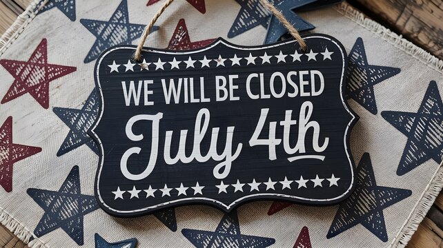 A black wooden sign hanging on a starpatterned fabric background with the text we will be closed july 4th written in white letters