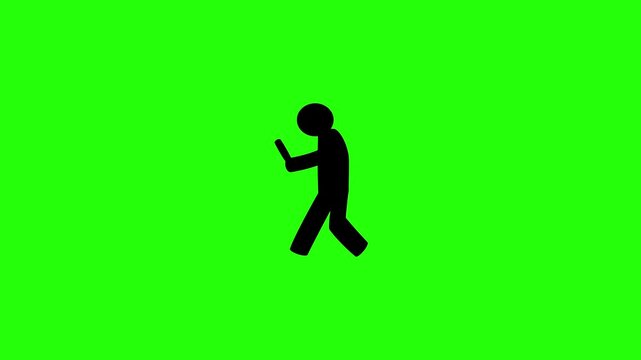 Premium 4K video showcasing a stick figures pedestrian walking blindly while staring down at smartphone screen silhouette bouncing. Creative traffic warning asset.