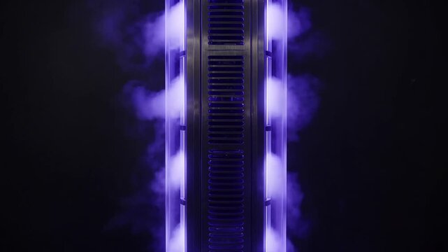 Vertical Server Tower Emitting Soft Cooling Vapor Illuminated By Pulsing Purple LED Lights Tech Footage