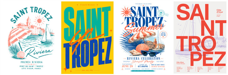 Obraz premium Saint Tropez vector poster set with Riviera beach, sailboat, parasol, seashells, yacht harbor and bold typography for summer travel and resort design.