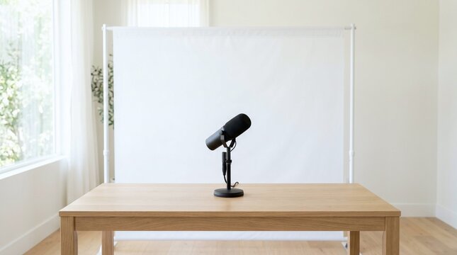 Professional podcast microphone on a wooden table in a bright minimalist recording studio setup with a white backdrop