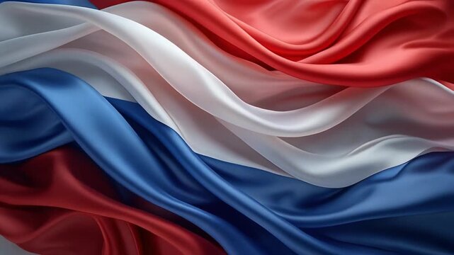 Abstract background of flowing red white and blue silk fabric with soft folds.