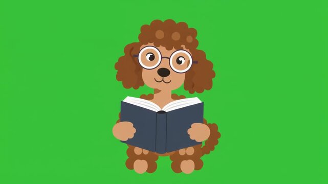 Cute cartoon poodle dog wearing glasses and reading a book isolated on a solid green screen chroma key background.