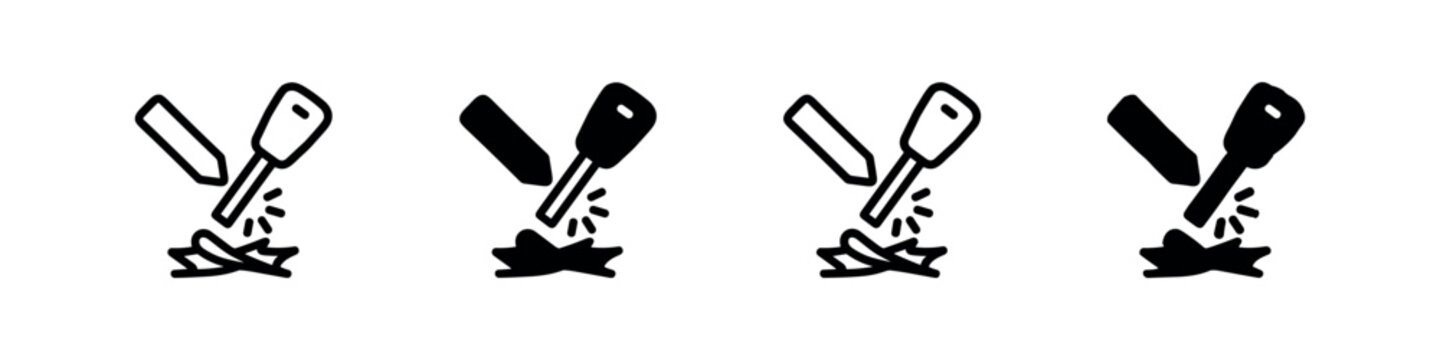 Fire starter icon set. Ferro rod sparking to ignite kindling, outdoor survival vector illustration.