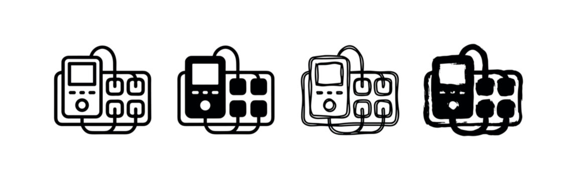 Medical Device with Electrode Pads Icon Set - Defibrillator or TENS Unit in Line and Glyph Styles