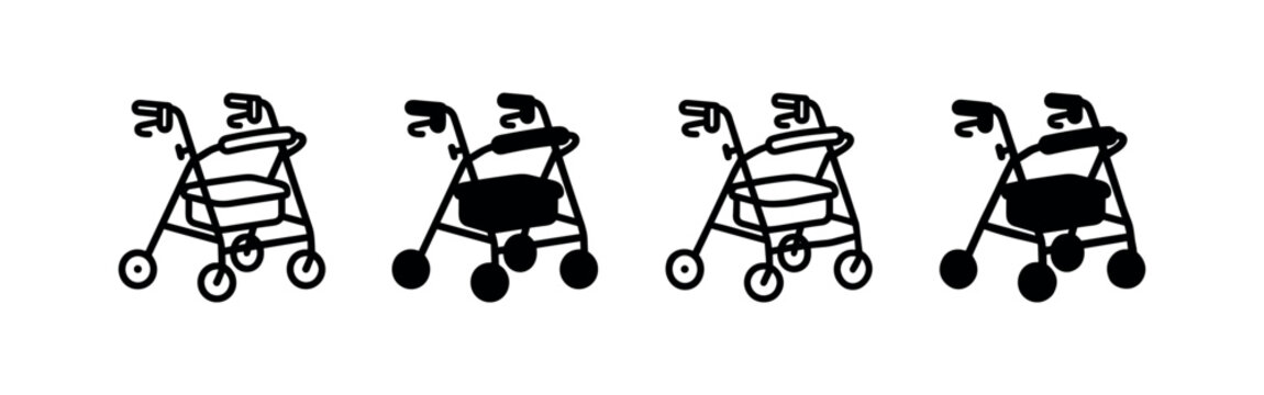 Rollator Walker Mobility Aid Icon Set - Assistance for Elderly and Disabled Persons