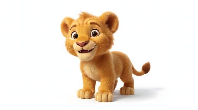 A cute cartoon style lion cub standing on a white background.