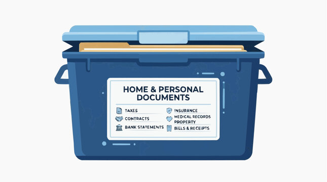 Home Document Organizer: A blue plastic storage bin labeled HOME & PERSONAL DOCUMENTS containing files and folders, illustrating organization for important paperwork like taxes, contracts, and bills.