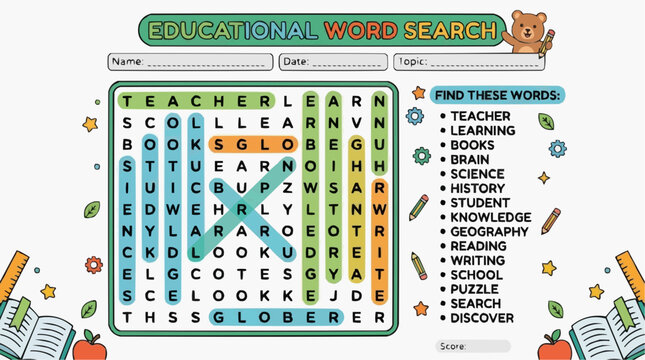 Educational Word Search Puzzle: A fun and engaging word search puzzle designed for learning, featuring a variety of educational terms within a grid of letters, perfect for students and educators.