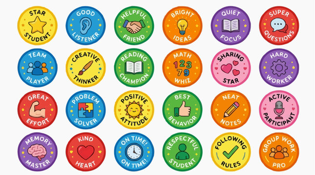 Recognition Stickers: A colorful collection of circular stickers awards students for positive attributes like good listener, creative thinker, great effort, and kindness.