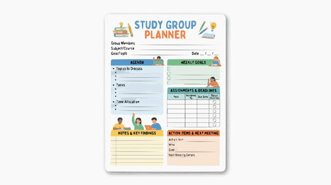Study Group Planner: A comprehensive planner designed to organize study sessions, track progress, and foster collaboration among students, featuring sections for action items, weekly goals.