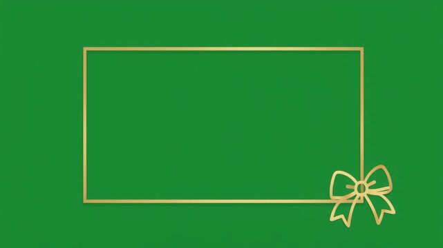 Elegant gold rectangular frame with a decorative bow isolated on a solid green screen chroma key background.
