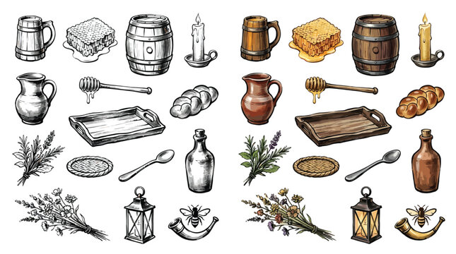 Collection of rustic food and drink items, including bread, honey, cheese, and beverages, presented in both sketch and color versions.