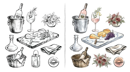 Elegant Wine and Cheese Tasting Arrangement with Floral Accents and Rustic Elements. © Renald