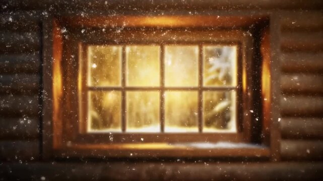 Warm glowing window of a rustic log cabin during a snowy winter evening. Christmas theme video background aesthetic.