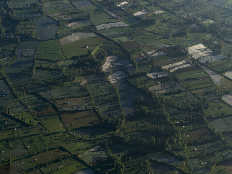 Aerial view of the lush agricultural patchwork and terraced fields on the slopes of Mount Sindoro, Kecamatan Kertek, Jawa Tengah, Indonesia.