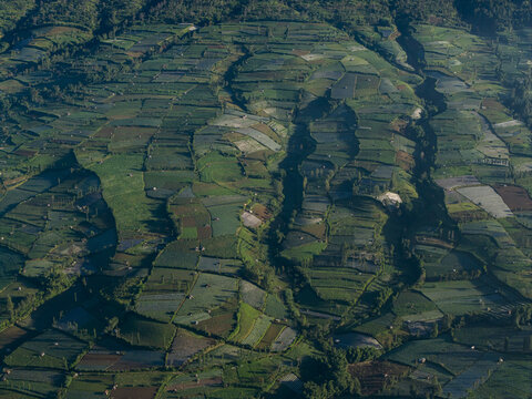 Aerial view of terraced agricultural fields on the slopes of Mount Sindoro with deep shadows and lush greenery in Kecamatan Kertek, Jawa Tengah, Indonesia.