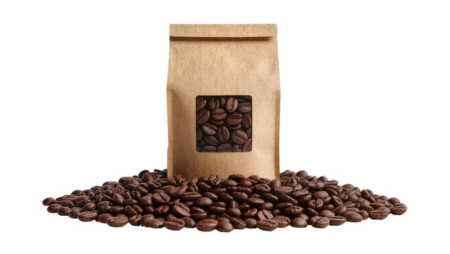 Isolated craft paper coffee bag with viewing window and roasted whole coffee beans