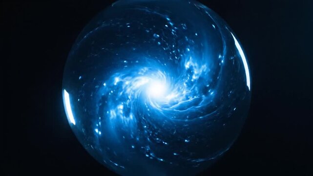 Blue spiral galaxy swirling inside a glowing sphere