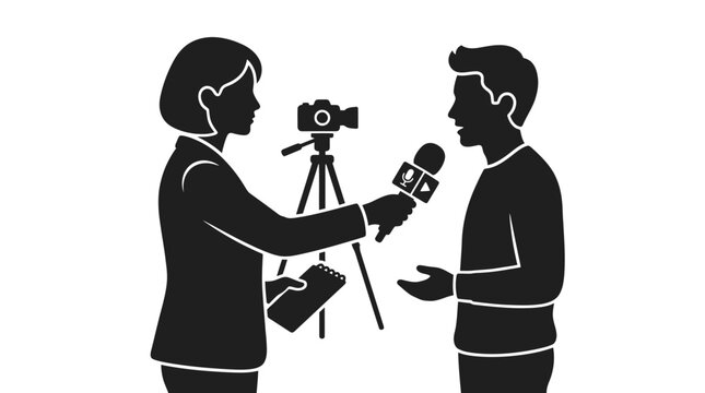 News reporter interviewing a man with a camera operator.