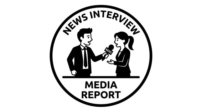 News interview media report logo with journalist and guest.