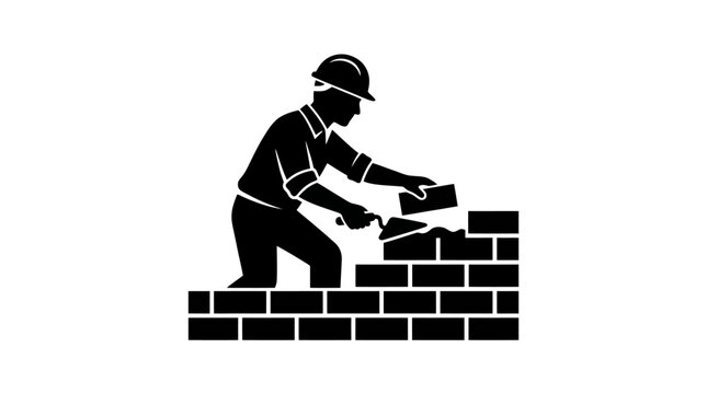 Professional bricklayer laying bricks to build a brick wall.