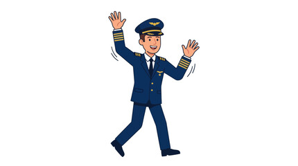 Male airplane pilot in uniform walking and waving hello. © bahriri