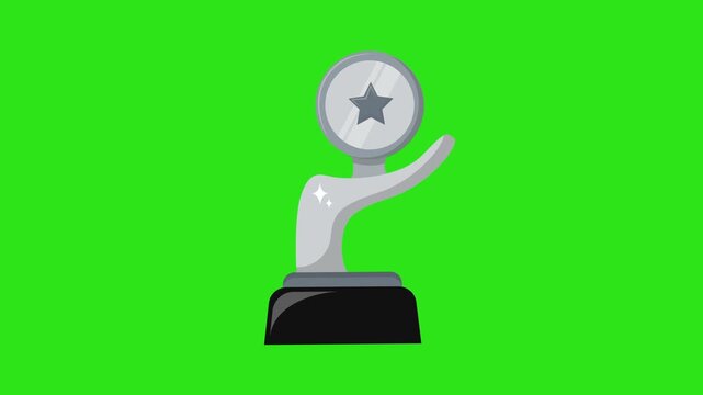 Shiny silver star trophy award with metal base, flat graphic design on bright green background. Suitable for celebratory concepts.