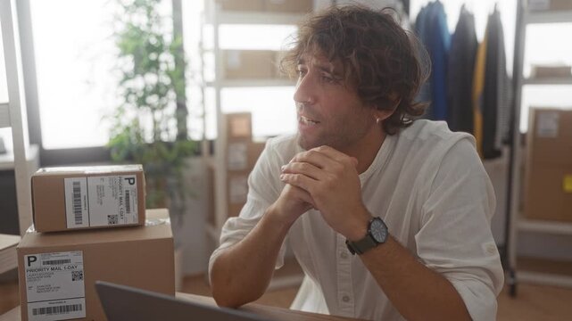 Man seated with shipping boxes and clasped hands, planning orders at a small business packing room building; determination focus.